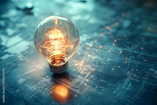 Glowing bulb rests on a blueprint‑like circuit board, merging engineering plans with bright ideas—perfect for technology, R&D, patents, and innovation themes.
