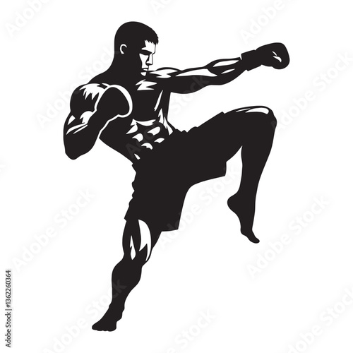 High-Energy Kickboxer silhouette, showcasing agility and strength - Martial Arts illustration - Minimalist Kickboxer vector - Fighter silhouette

