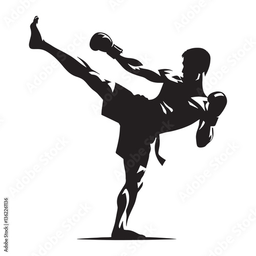 Trained Kickboxer silhouette, showcasing perfect fighting stance - Martial Arts illustration - Minimalist Kickboxer vector - Athlete silhouette


