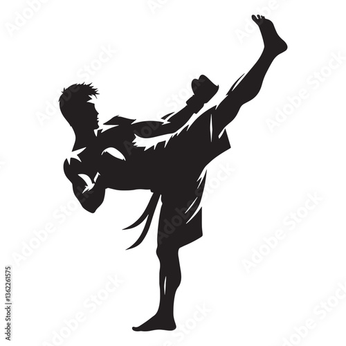 Agile Kickboxer silhouette, striking with precision and speed - Martial Arts illustration - Minimalist Kickboxer vector - Warrior silhouette

