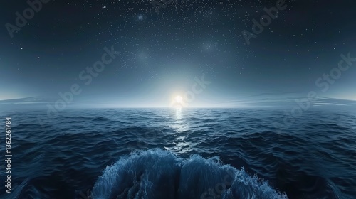Serene night seascape with moonlit waves under a starry sky, evoking tranquility and reflection