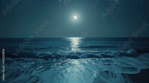 Serene night seascape with a bright moon illuminating gentle waves under a starry sky