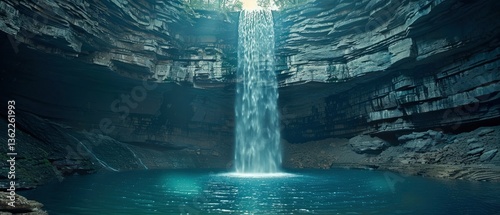 Majestic waterfall cascading into a serene pool surrounded by rocky cliffs and lush greenery