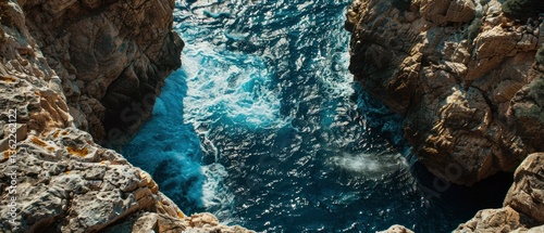 Aerial view of rocky coastline with turquoise water crashing against cliffs under bright sunlight