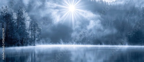 Serene winter landscape with mist over a tranquil lake, illuminated by a radiant sun in the background