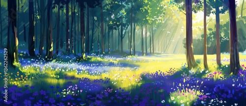 Serene forest landscape with vibrant wildflowers under soft sunlight, creating a tranquil atmosphere