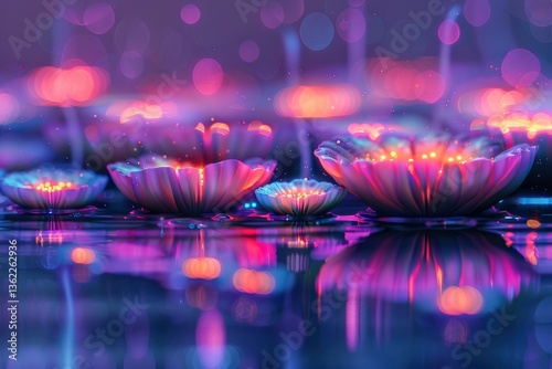 Beautiful illuminated water lilies floating on a serene pond at twilight, with vibrant reflections