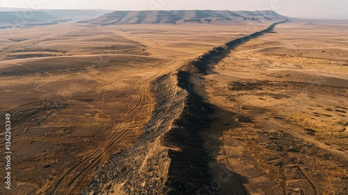 Aerial view of a rugged desert landscape showcasing a prominent geological fissure and distant hills