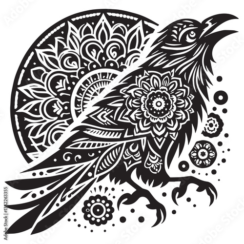 Black Color Raven Silhouette Vector Illustration, Solid White Background