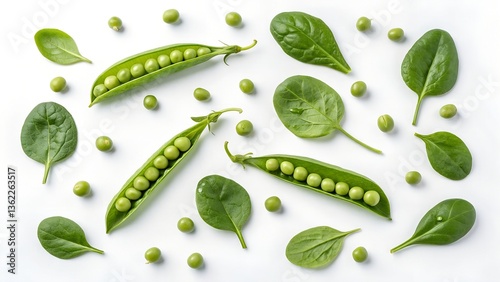 Fresh Green Peas in Open Pods with Vibrant Spinach Leaves on White Background — Healthy Organic Vegetables Perfect for Salads and Cooking