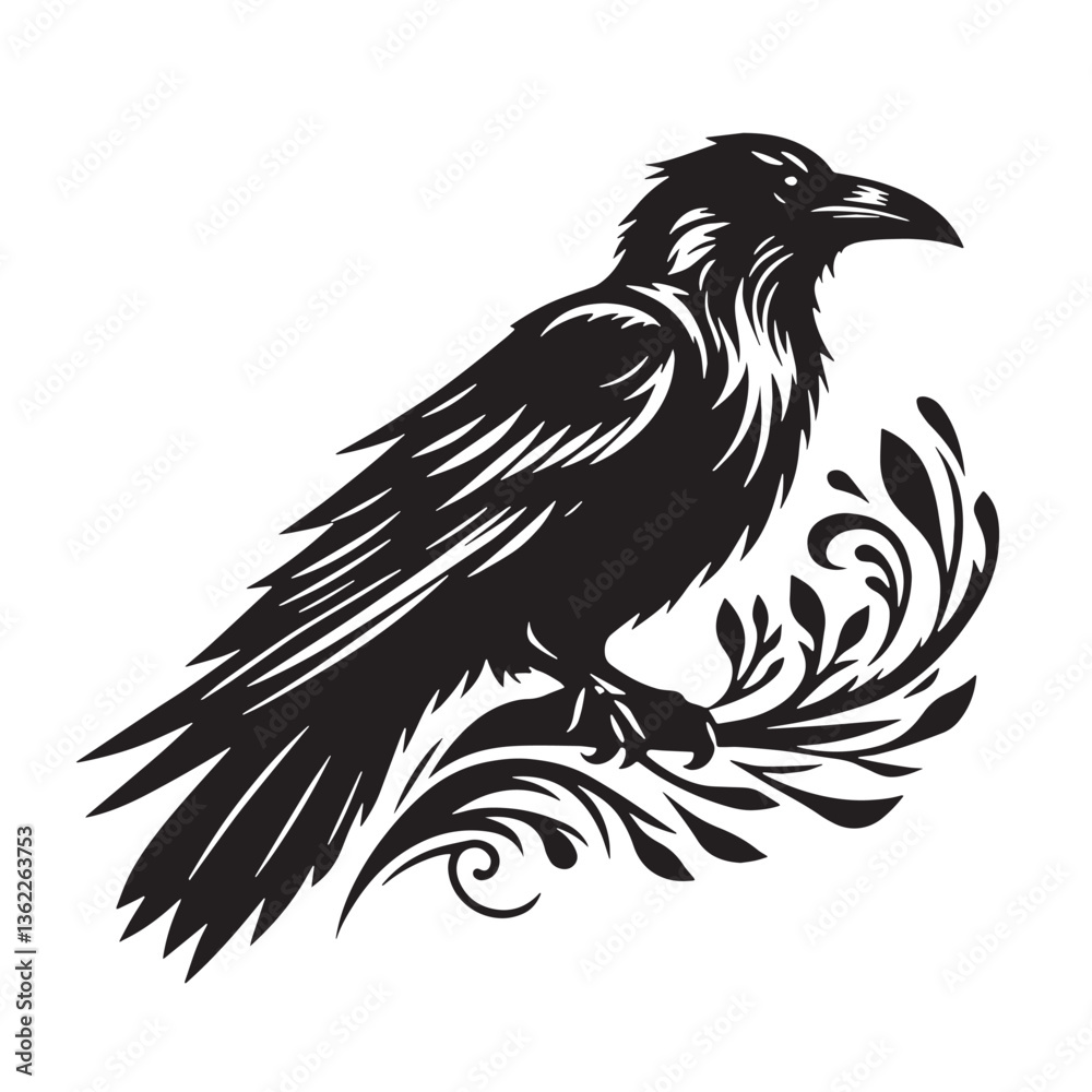 Fototapeta premium Black Color Raven Silhouette Vector Illustration, Solid White Background