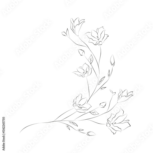 Line Drawing Botanical Wreath. Herbs and florals 13. Vector Illustration.
