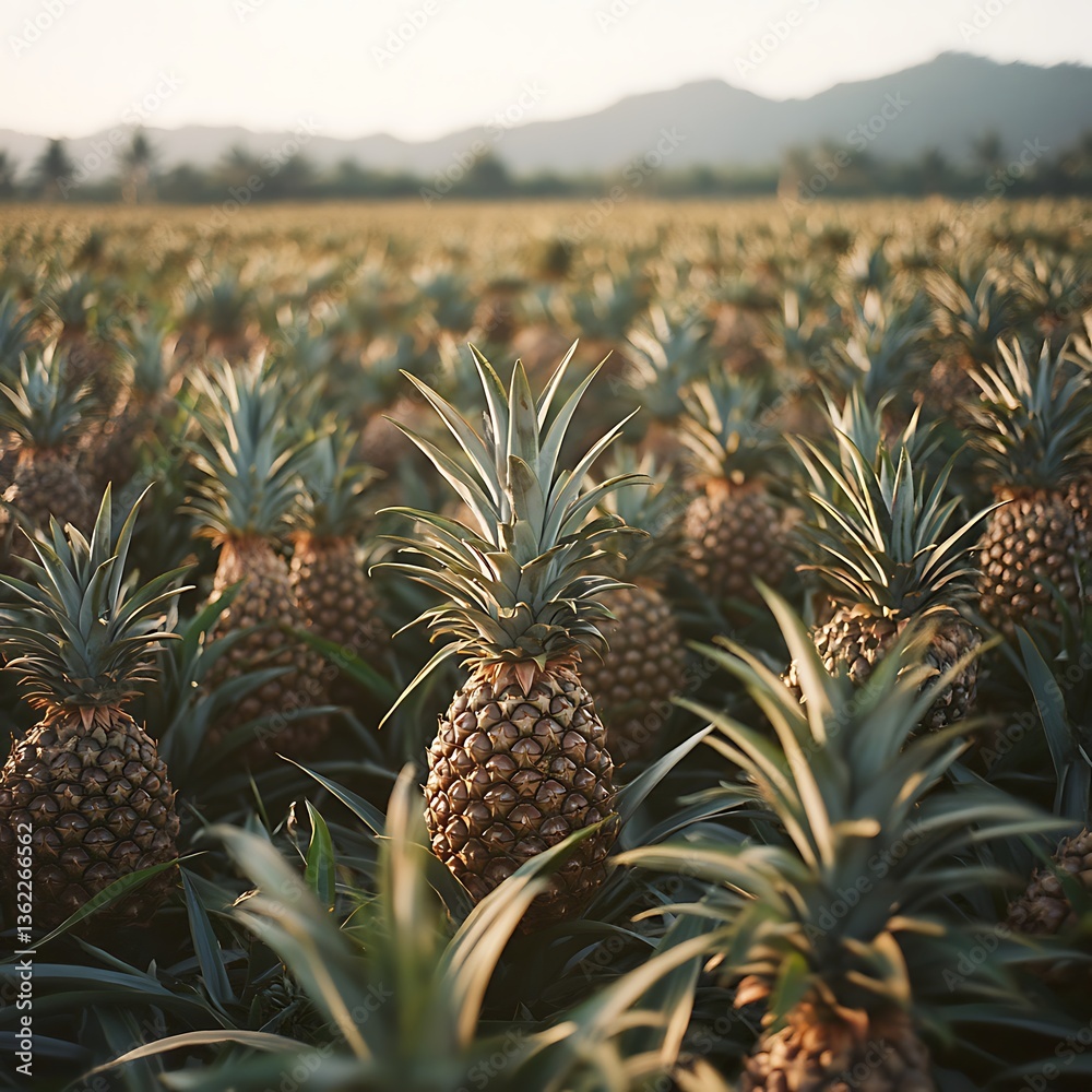Fototapeta premium A sunlit field displays rows of ripe pineapples ready for harvest