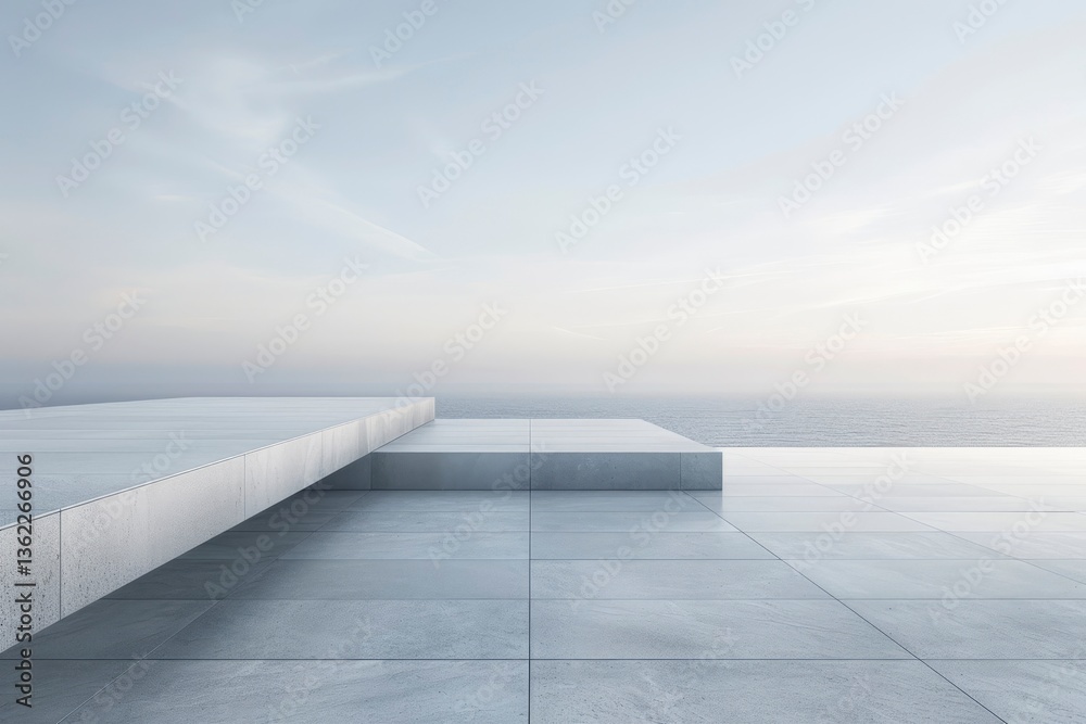 Obraz premium Tranquil Seaside View with Modern Concrete Platforms Overlooking Calm Ocean Horizon at Dusk