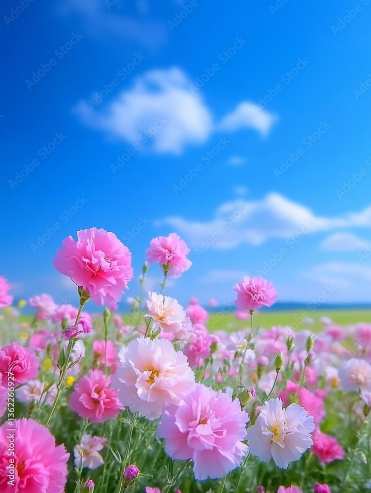 Blooming pink and white carnations under a clear blue sky with fluffy clouds Blooming pink and white carnations under a clear blue sky with fluffy clouds