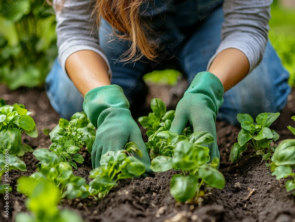 Fototapeta premium Person kneeling in soil planting flowers with gloves on during overcast spring day in organized garden rows captured in earthy outdoor environment
