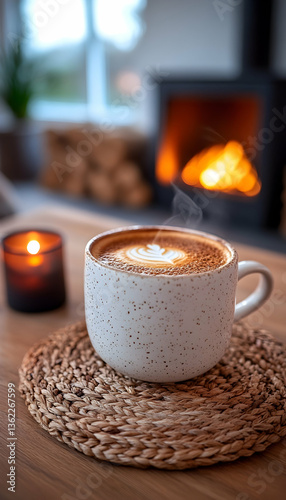 Cozy cappuccino with latte art by a fireplace, warm candle light, and stacked wood
