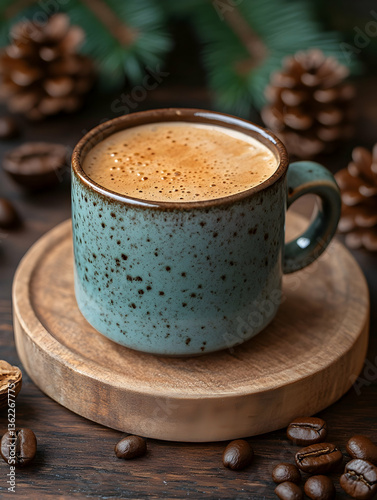 Cozy coffee mug on wooden tray surrounded by pine cones and coffee beans