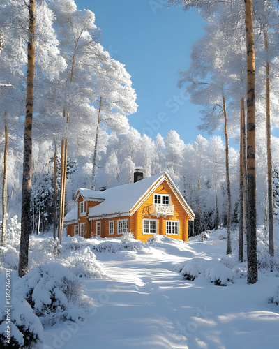 Cozy cottage nestled among snow covered trees on a bright day in winter