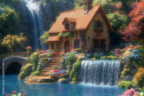 Cozy cottage nestled by waterfall and lush garden, stone bridge, and stairs on idyllic landscape