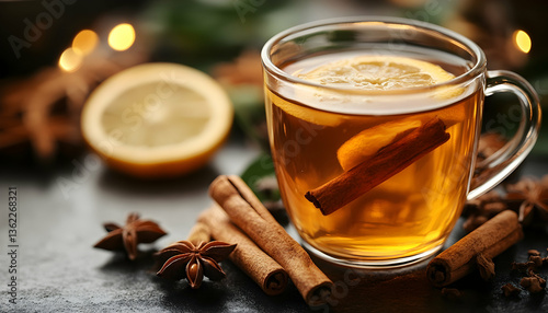 Cozy cup of tea with lemon, cinnamon, and spices on a dark surface, bokeh lights