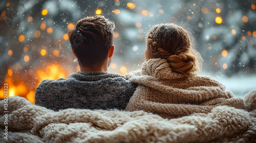 Cozy couple watching snow fall from a warm, festive window