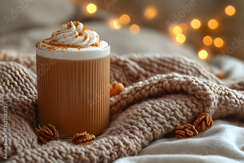 Cozy cup Whipped cream tops drink, beside soft knit and lights