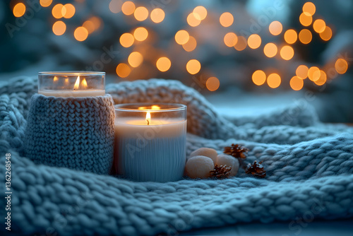 Cozy evening scene candles, knit blanket, pine cones, and blurred lights