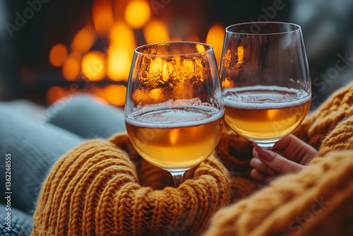 Cozy evening Person holding wine glasses near a warm fire