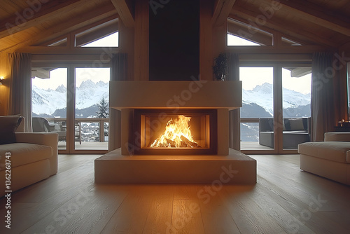Cozy fireplace warms cabin with snowy mountain view
