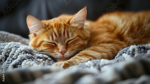 Cozy ginger cat sleeping peacefully on a gray and white knit blanket indoors
