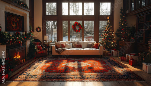 Cozy holiday living room with a large rug, sofa, fireplace, tree and wreaths