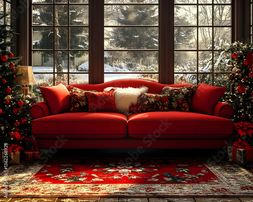 Cozy holiday living room with red sofa, festive trees, window view of winter landscape