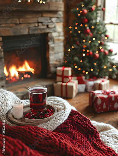 Cozy holiday scene drink, gifts, tree, and burning fireplace indoors