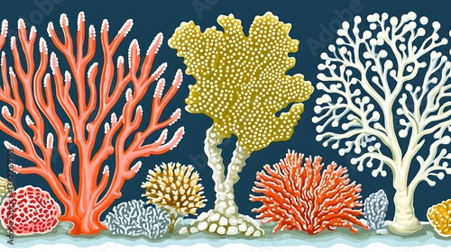 A colorful illustration of various coral reef plant species