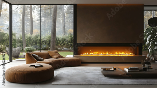 Cozy interior sofa, fireplace, natural light, large window, backyard view