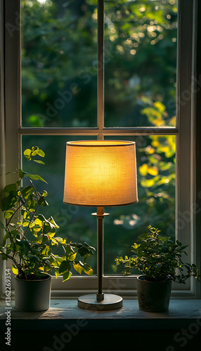 Cozy lamp glowing on a windowsill, with plants and outdoor greenery visible through the panes