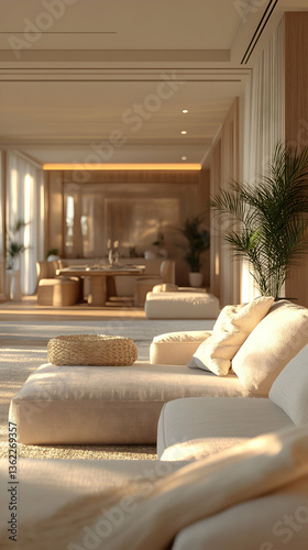 Cozy interior with sofa, dining area, and lush plant in warm, neutral tones