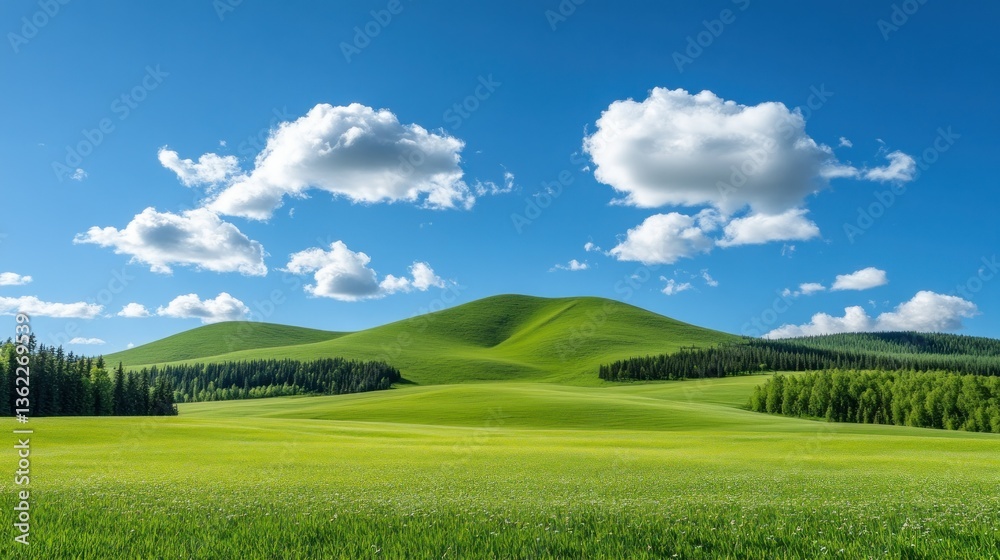 Lush green field, rolling hills, vibrant sky