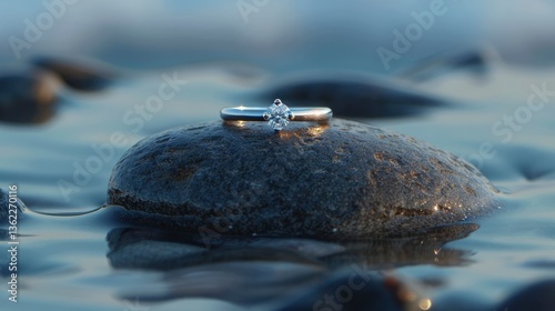 A close-up of a sparkling engagement ring resting on a smooth stone in a tranquil water setting