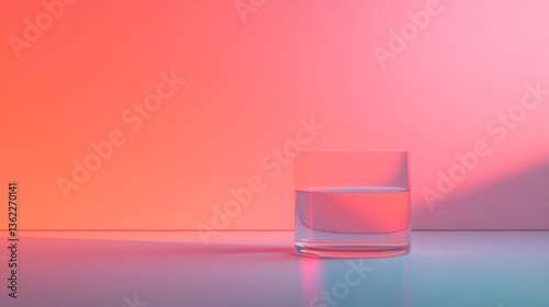 Glass of water on a surface, illuminated by pink and orange light