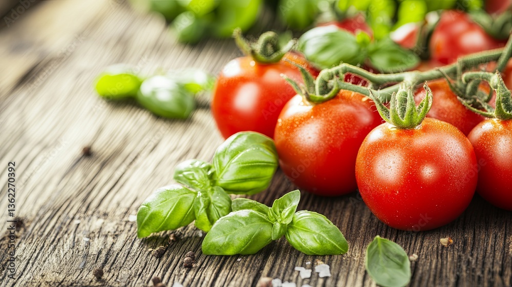 A close-up of ripe tomatoes and basil on a wooden table pic A close-up of ripe tomatoes and basil on a wooden table pic