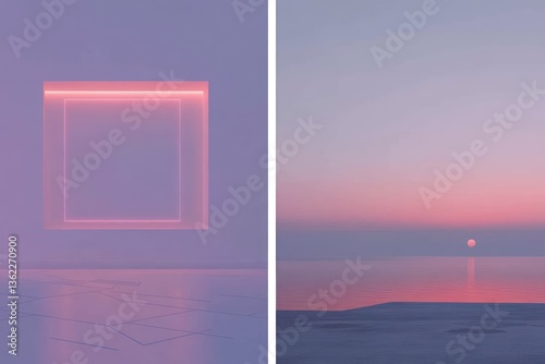 Minimalist pink sunset and neon square