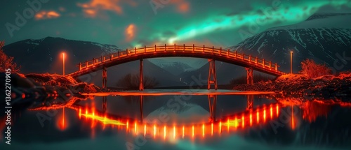 Serene night scene featuring a wooden bridge illuminated by streetlights, reflecting in a calm river beneath an aurora