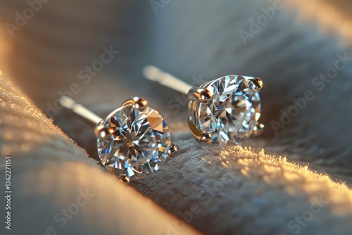 Close-up of sparkling diamond earrings resting on a soft fabric, illuminated by warm natural light