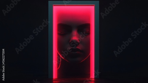Serene face embedded in a glowing red doorway, dark background