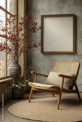 Cozy room corner with chair  round rug  blank frame  and berries by window