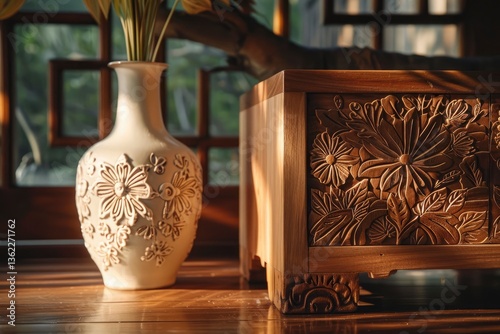 Elegant wooden cabinet and intricately designed vase with flowers in a sunlit room, showcasing craftsmanship