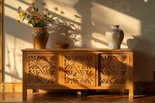 A beautifully crafted wooden cabinet with intricate patterns, adorned with vases and flowers, casting shadows