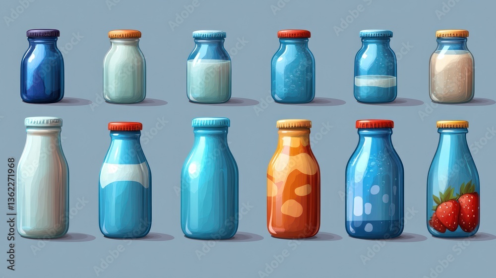 Colorful glass bottles, various shapes and fills Colorful glass bottles, various shapes and fills